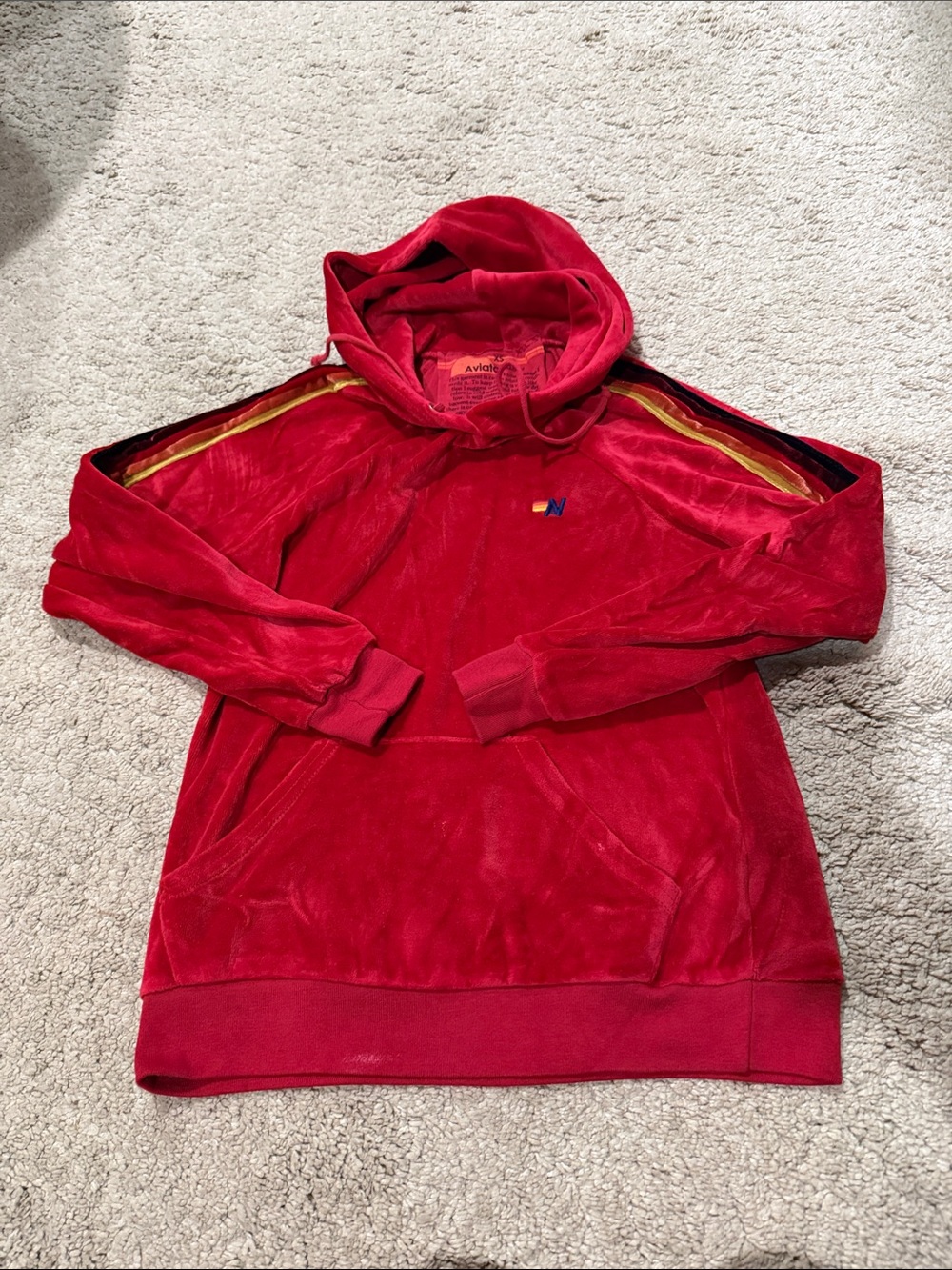 Aviator Nation Red Velour Hoodie with Yellow & Navy Stripe